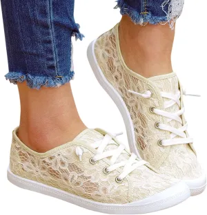 Hbeylia Women's Low Top Canvas Sneaker Fashion Lace Foral Mesh Air Breathable Chunky Bottom Casual Slip On Walking Shoes Classic Comfort Flat Loafers