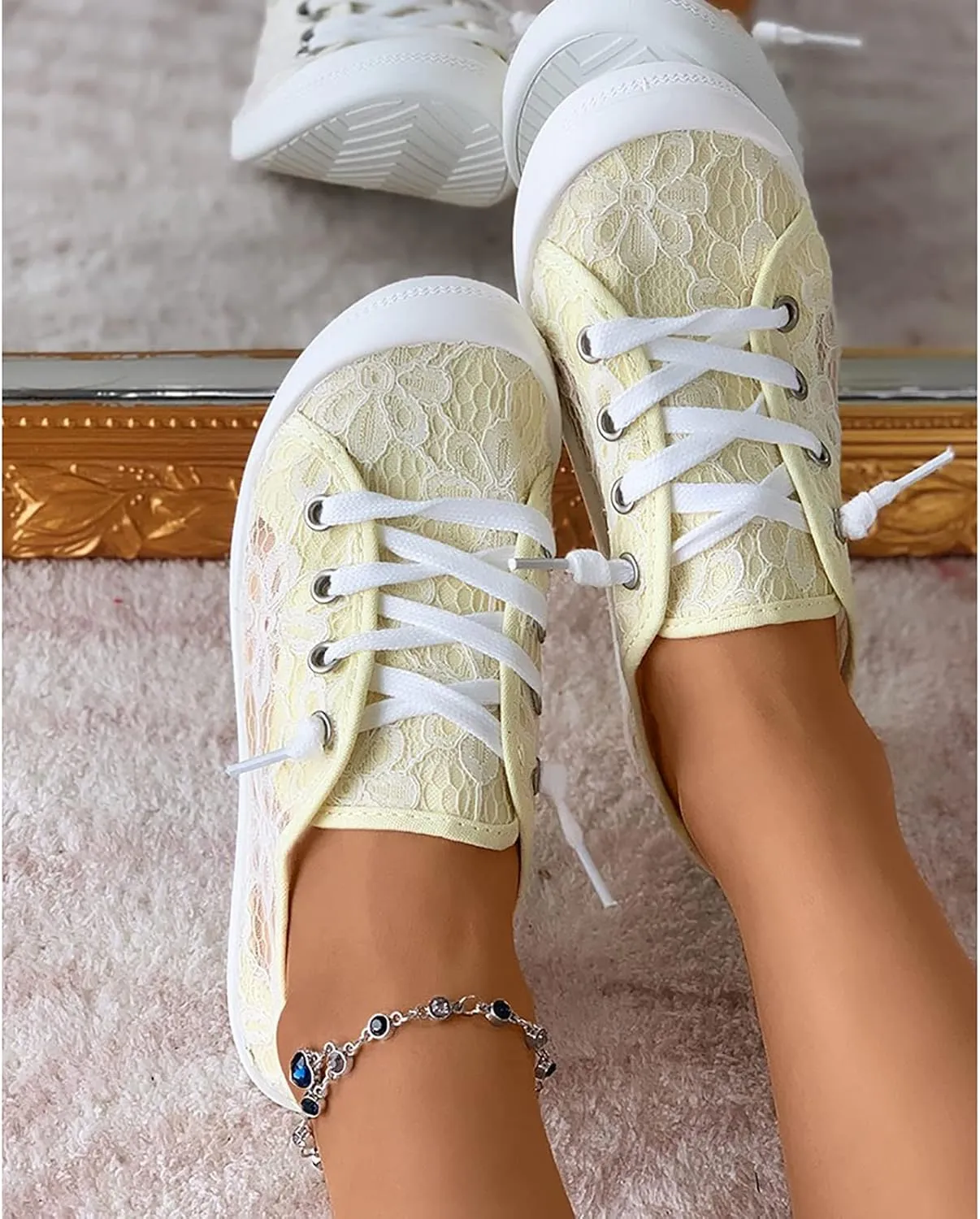 Hbeylia Women's Low Top Canvas Sneaker Fashion Lace Foral Mesh Air Breathable Chunky Bottom Casual Slip On Walking Shoes Classic Comfort Flat Loafers