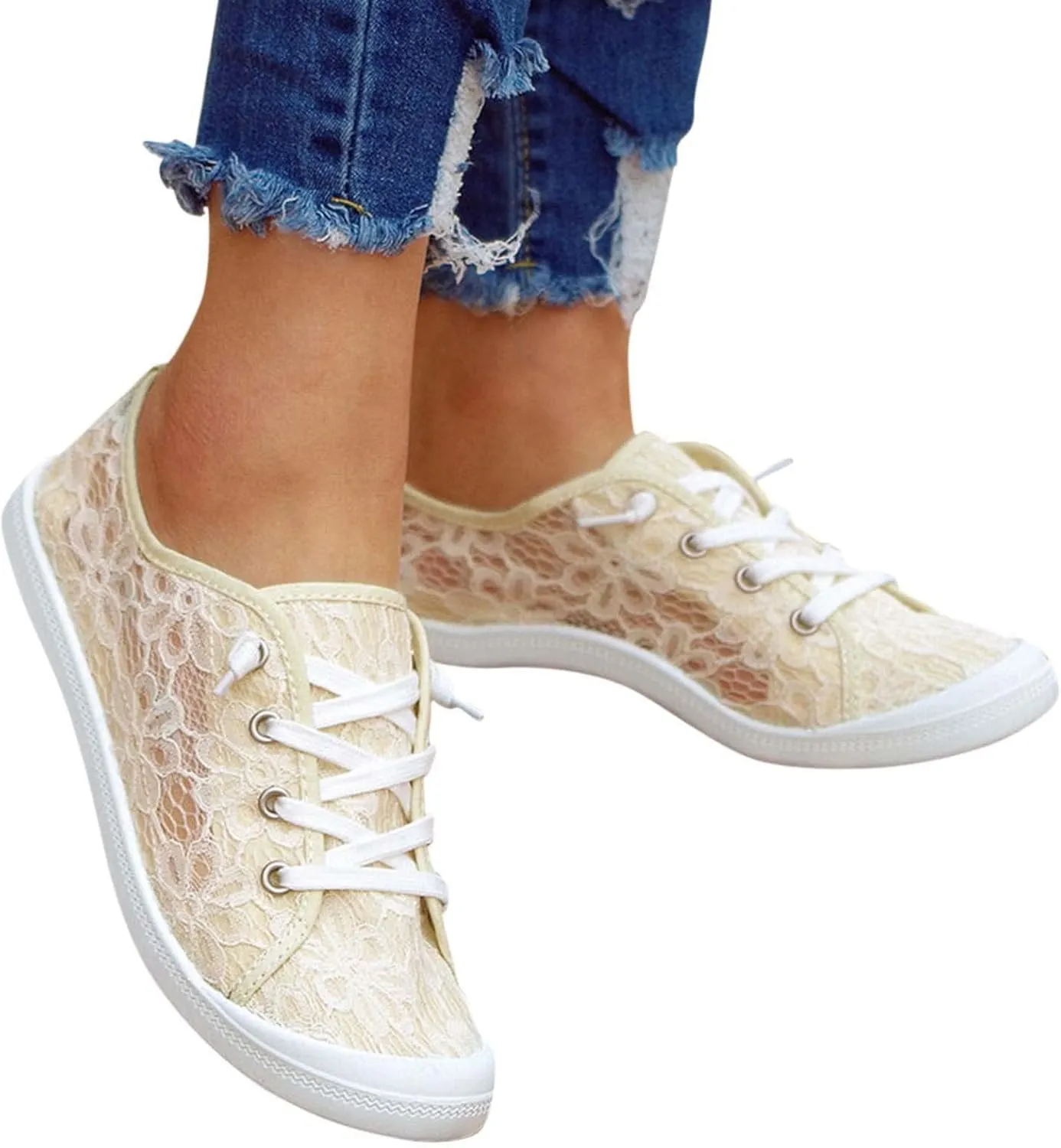 Hbeylia Women's Low Top Canvas Sneaker Fashion Lace Foral Mesh Air Breathable Chunky Bottom Casual Slip On Walking Shoes Classic Comfort Flat Loafers