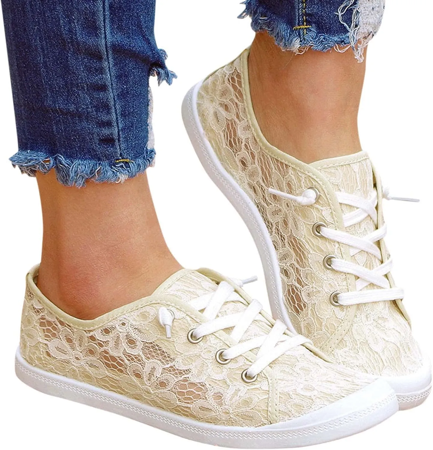 Hbeylia Women's Low Top Canvas Sneaker Fashion Lace Foral Mesh Air Breathable Chunky Bottom Casual Slip On Walking Shoes Classic Comfort Flat Loafers