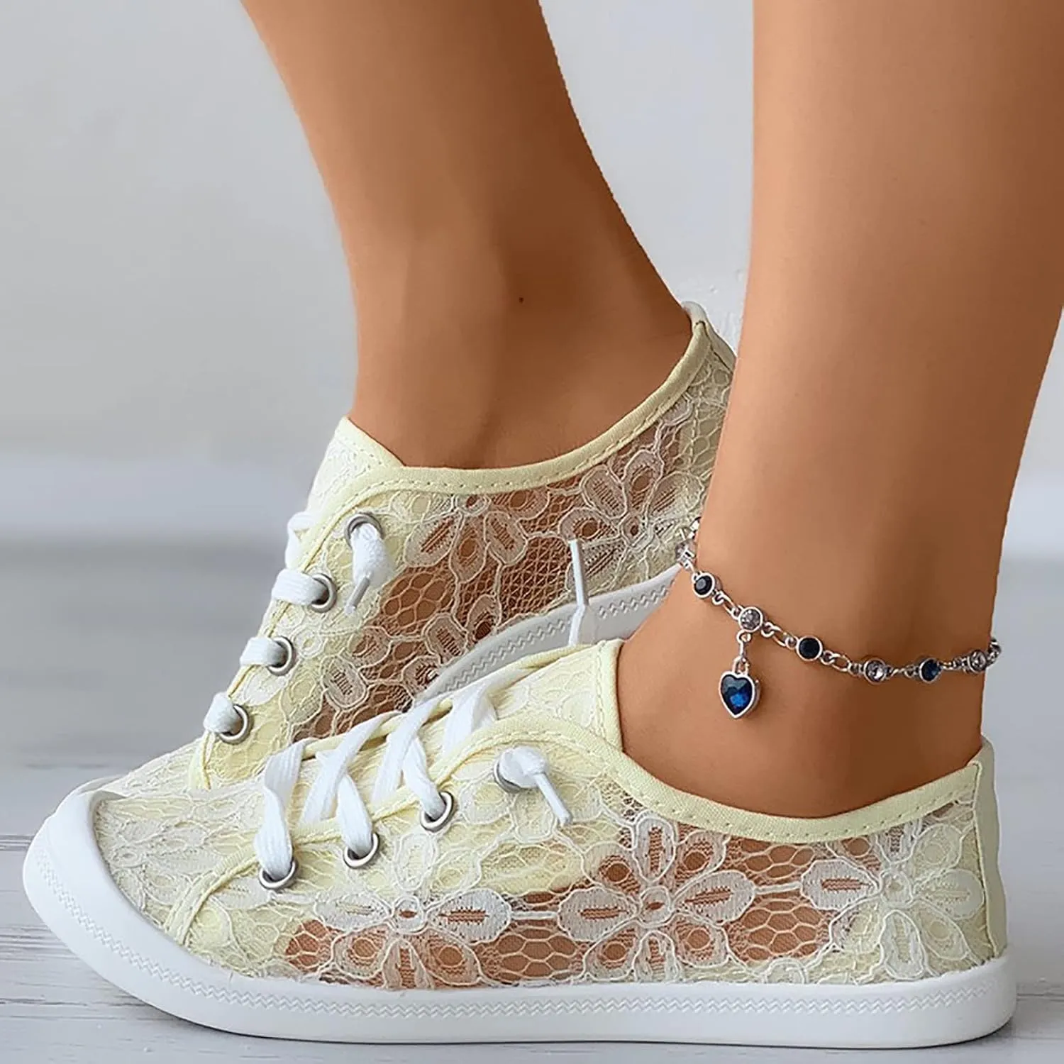 Hbeylia Women's Low Top Canvas Sneaker Fashion Lace Foral Mesh Air Breathable Chunky Bottom Casual Slip On Walking Shoes Classic Comfort Flat Loafers