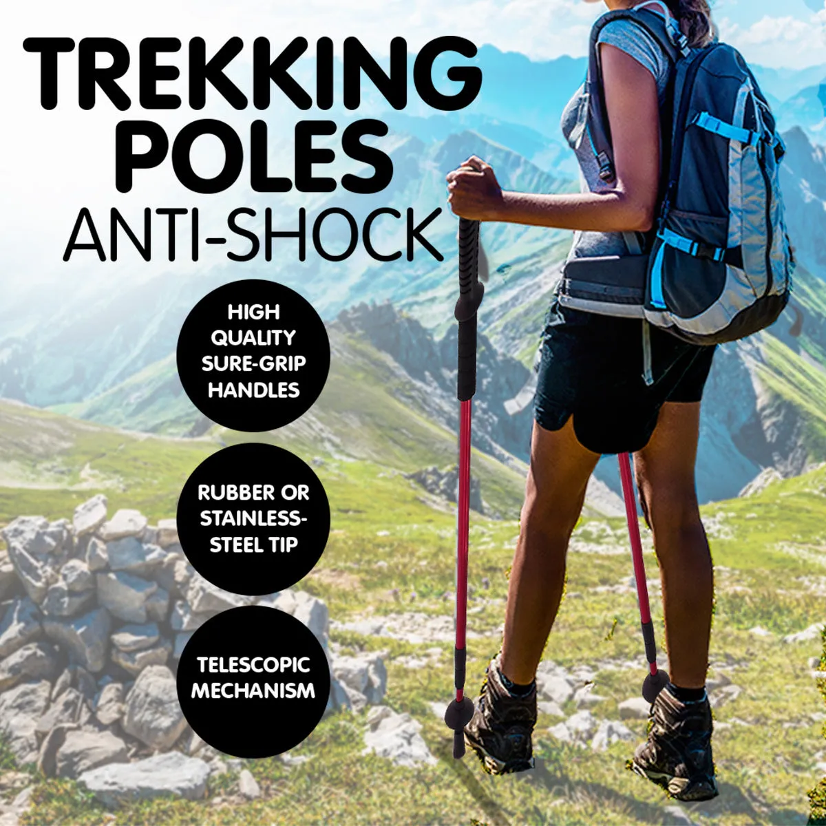 KLIKA Powertrain Anti-Shock Trekking Hiking Poles Sticks Pair (Red)