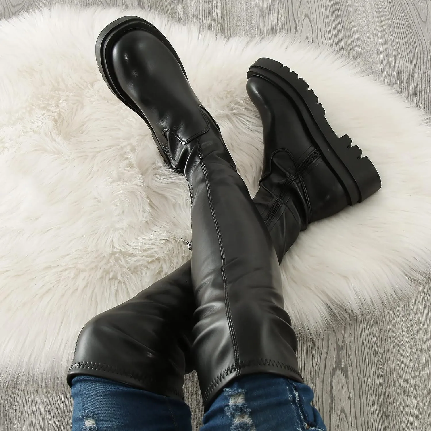 Ladies Fashion Solid Color Leather Side Zip Thick Bottom Stretch Over The Knee Boots Knee High Boots with Wedge