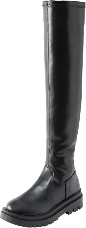 Ladies Fashion Solid Color Leather Side Zip Thick Bottom Stretch Over The Knee Boots Knee High Boots with Wedge