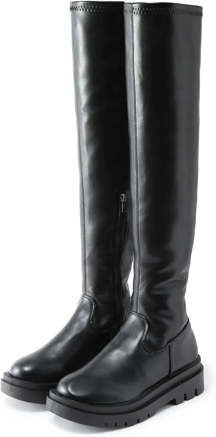 Ladies Fashion Solid Color Leather Side Zip Thick Bottom Stretch Over The Knee Boots Knee High Boots with Wedge