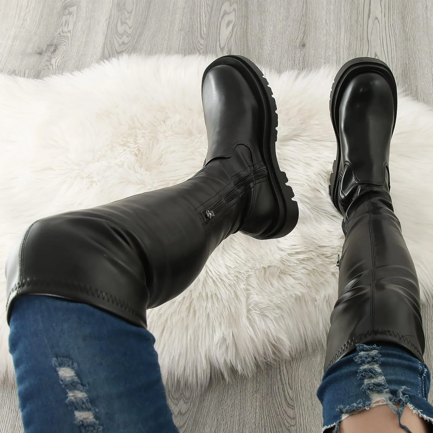 Ladies Fashion Solid Color Leather Side Zip Thick Bottom Stretch Over The Knee Boots Knee High Boots with Wedge