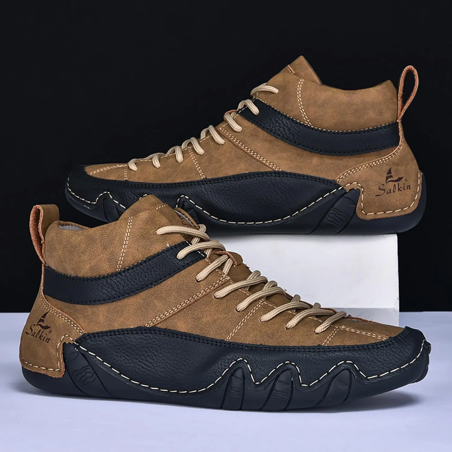 Men'S Leather Handmade Casual Chukka Boots Fashion Lace Up Lightweight Outdoor Mid-Top Sneakers Comfortable Non-Slip Walking Driving Work Shoes