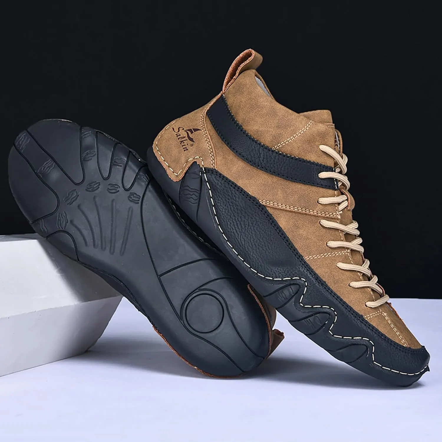 Men'S Leather Handmade Casual Chukka Boots Fashion Lace Up Lightweight Outdoor Mid-Top Sneakers Comfortable Non-Slip Walking Driving Work Shoes