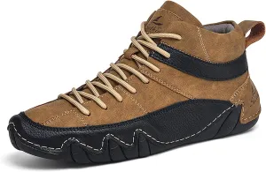 Men'S Leather Handmade Casual Chukka Boots Fashion Lace Up Lightweight Outdoor Mid-Top Sneakers Comfortable Non-Slip Walking Driving Work Shoes