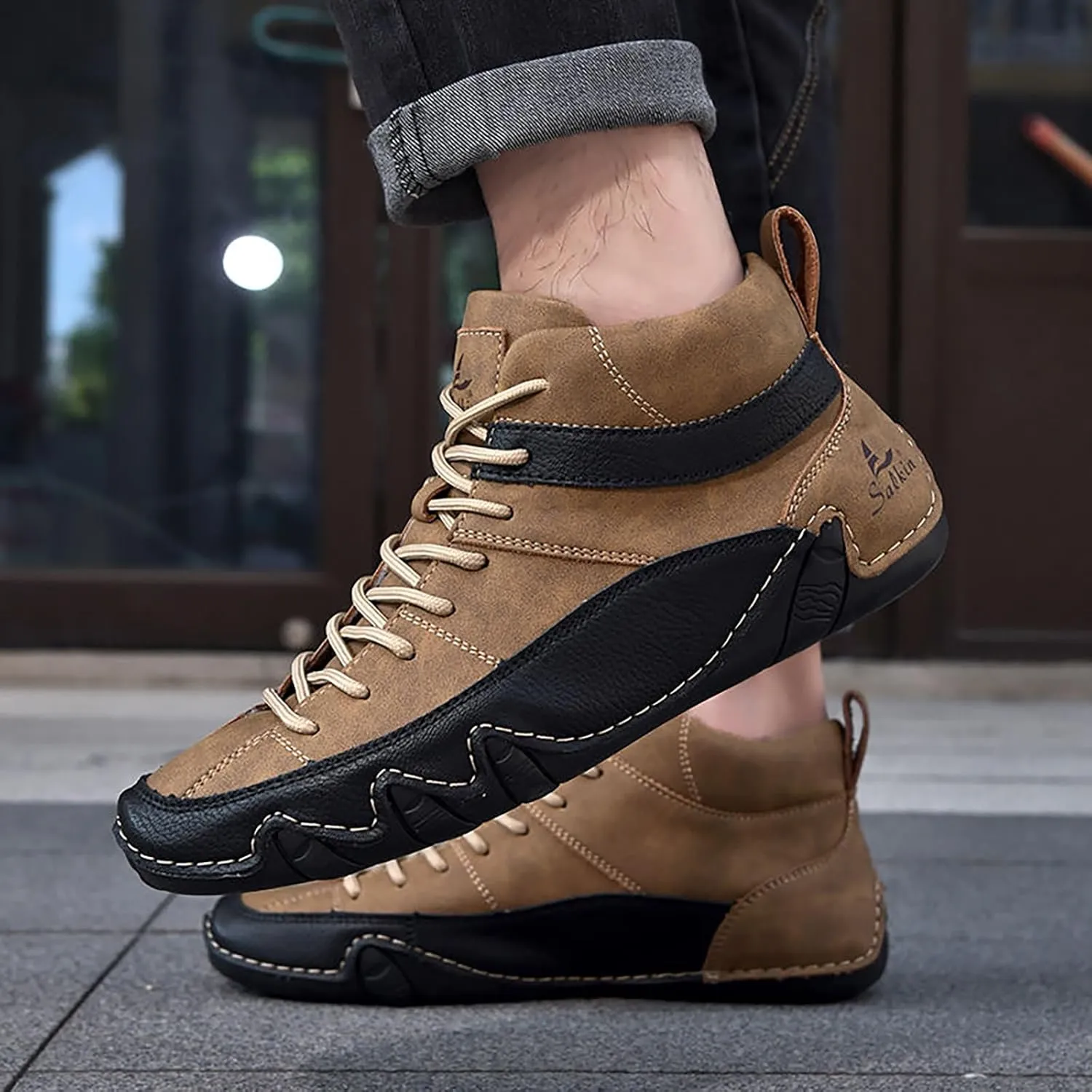 Men'S Leather Handmade Casual Chukka Boots Fashion Lace Up Lightweight Outdoor Mid-Top Sneakers Comfortable Non-Slip Walking Driving Work Shoes