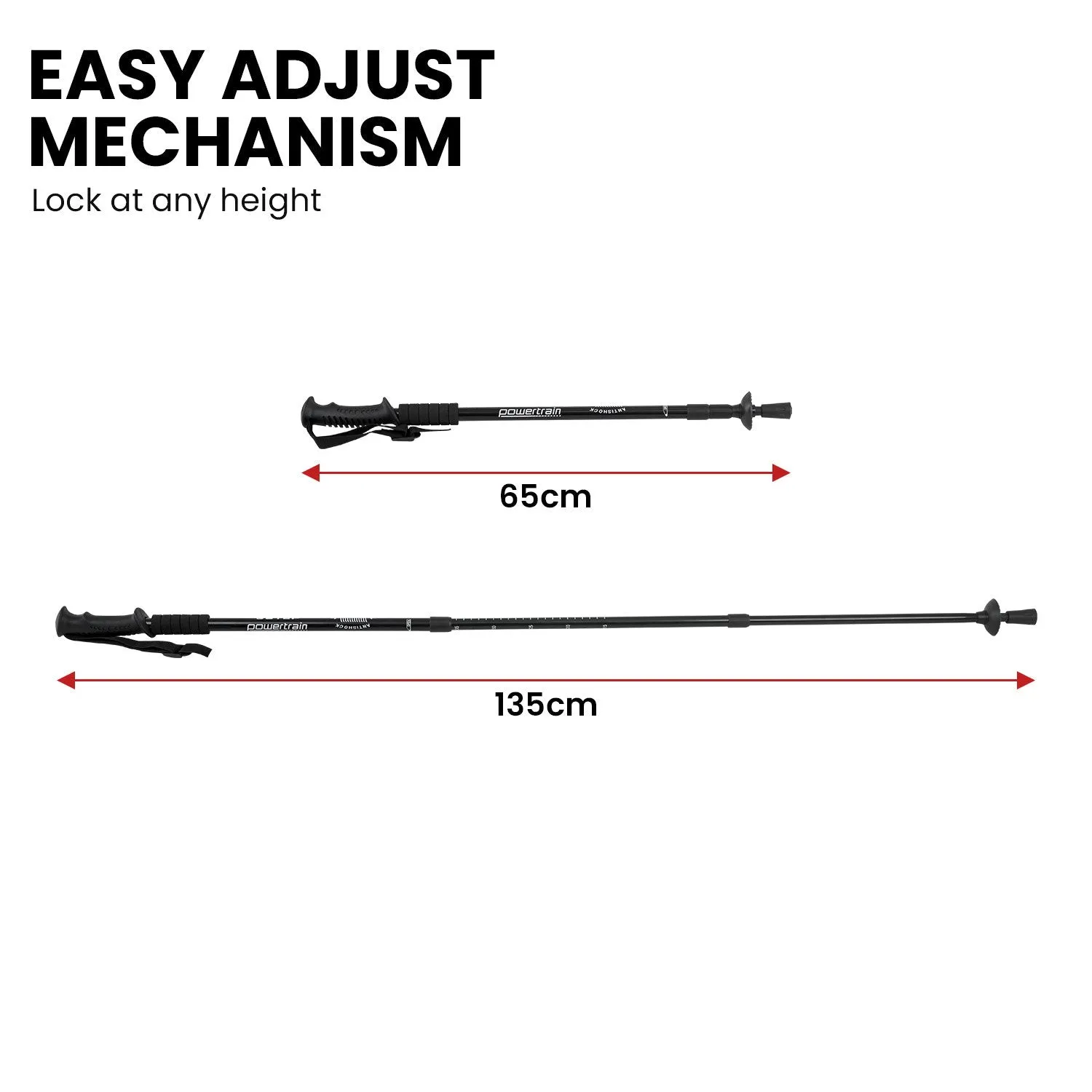 Powertrain Anti-Shock Trekking Hiking Poles Sticks Pair - Black